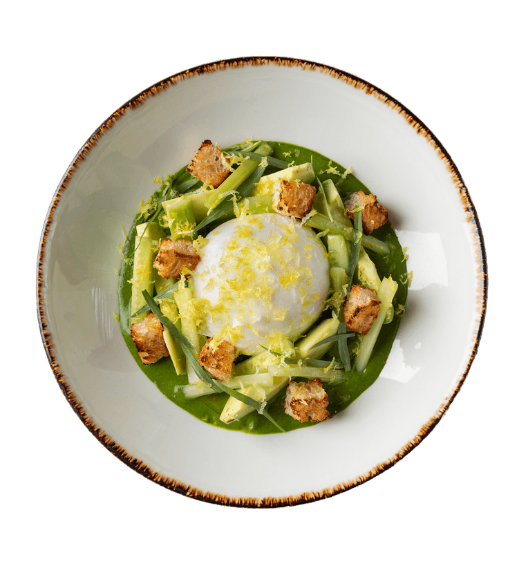 Буррата с авокадо и соусом велюте из шпината